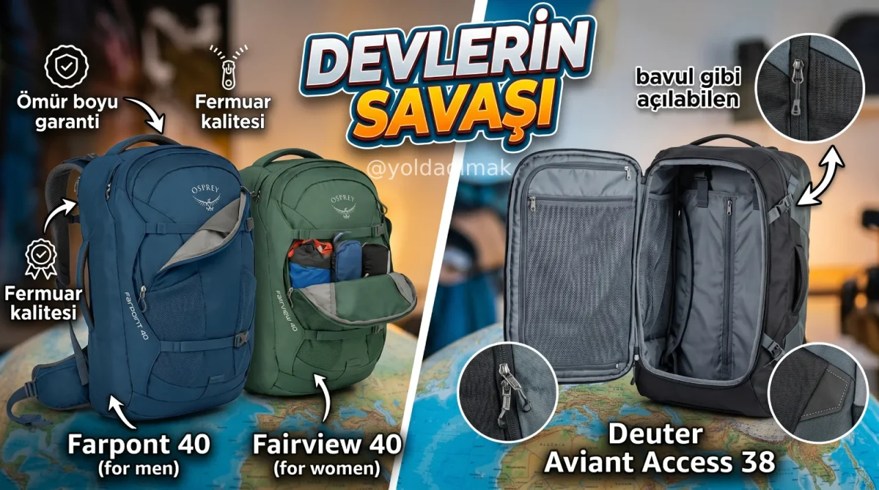 Sırt çantası seçim rehberi kapsamında Osprey Farpoint ve Deuter Aviant Access seyahat çantalarının karşılaştırması