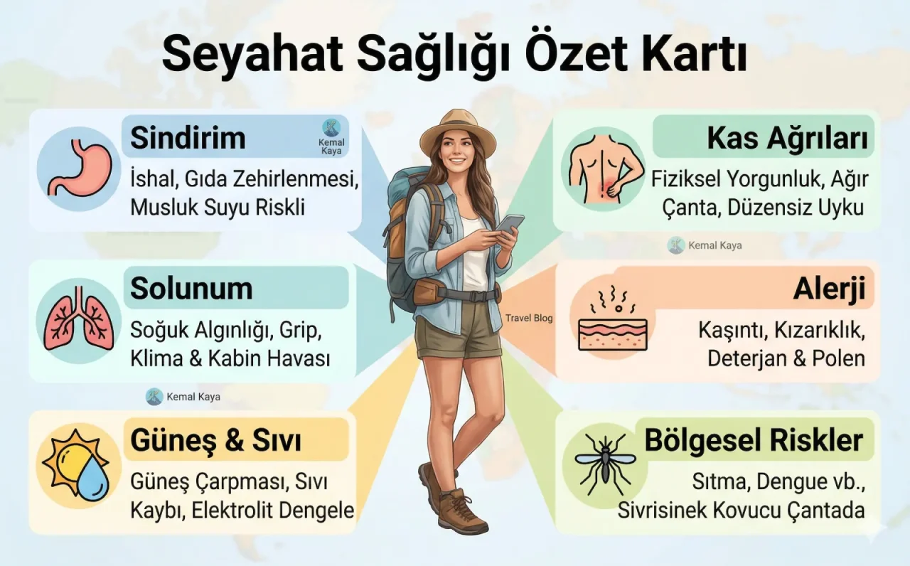 Seyahat sağlığı rehberi özet infografik. Gezginlerde en sık görülen 6 hastalık ve korunma yolları şeması.