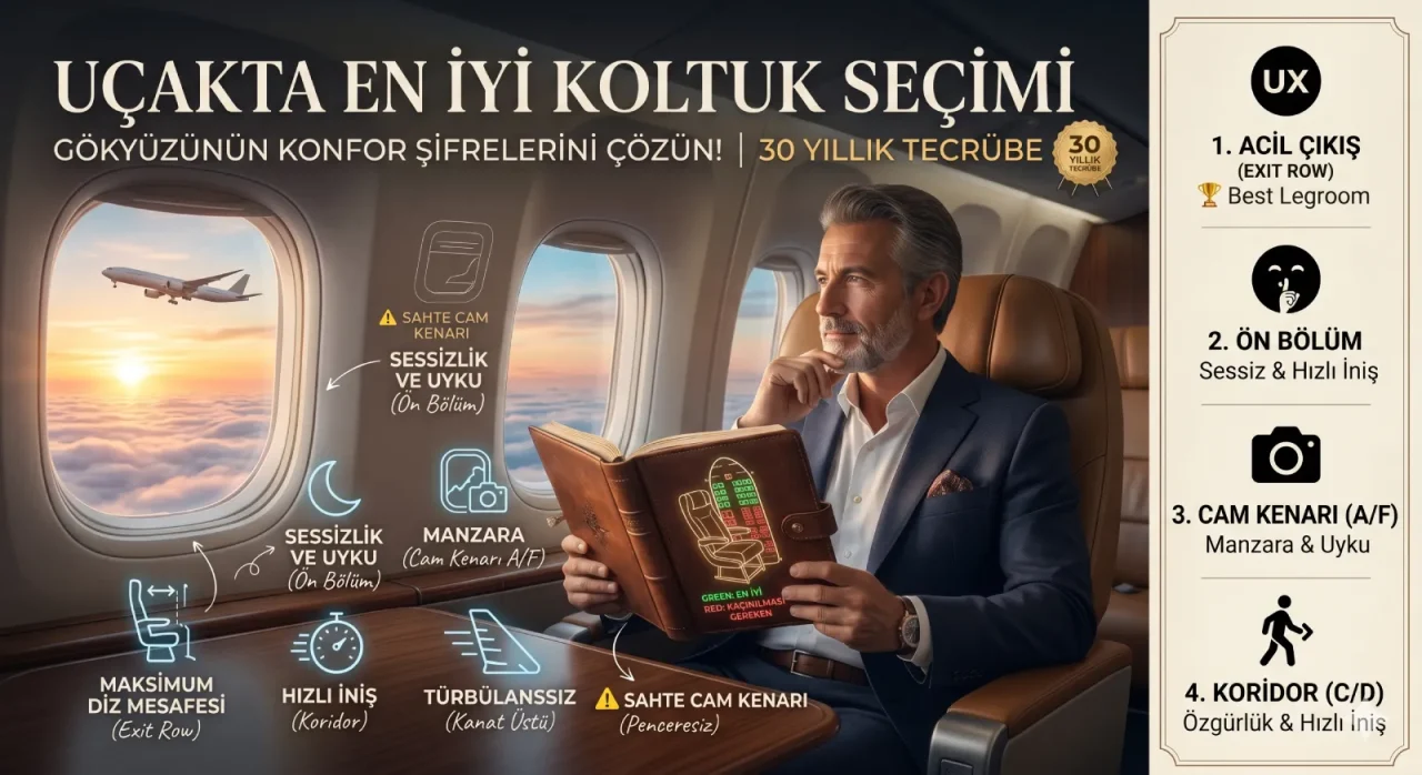 Uçakta en iyi koltuk seçimi rehberi, 30 yıllık tecrübe ile hazırlanmış uçak koltuk planı ve konfor stratejileri illüstrasyonu.