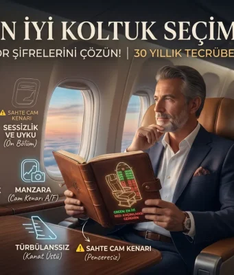 Uçakta en iyi koltuk seçimi rehberi, 30 yıllık tecrübe ile hazırlanmış uçak koltuk planı ve konfor stratejileri illüstrasyonu.