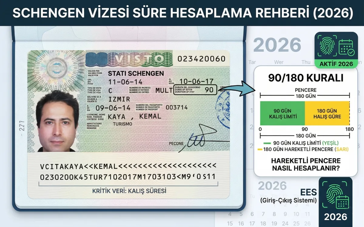 Schengen vizesi 90/180 kuralı hesaplama rehberi, hareketli pencere mantığı ve 2026 EES giriş çıkış sistemi görseli.