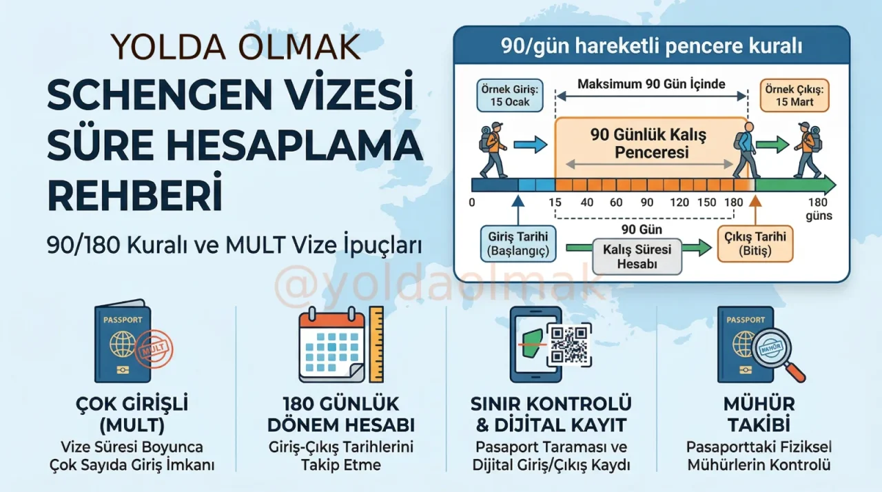 Schengen vizesi süre hesaplama rehberi infografik kapak görseli. 90/180 hareketli pencere kuralı şeması ve MULT vize ipuçları ikonları.