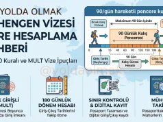 Schengen Vizesi Süre Hesaplama Rehberi (2026): 90/180 Kuralı Schengen vizesi süre hesaplama rehberi infografik kapak görseli. 90/180 hareketli pencere kuralı şeması ve MULT vize ipuçları ikonları.