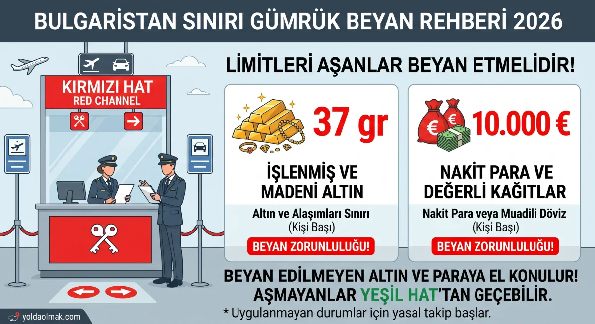 2026 Bulgaristan gümrük beyan sınırları infografiği: 37 gram altın ve 10.000 Euro nakit para limiti tablosu.