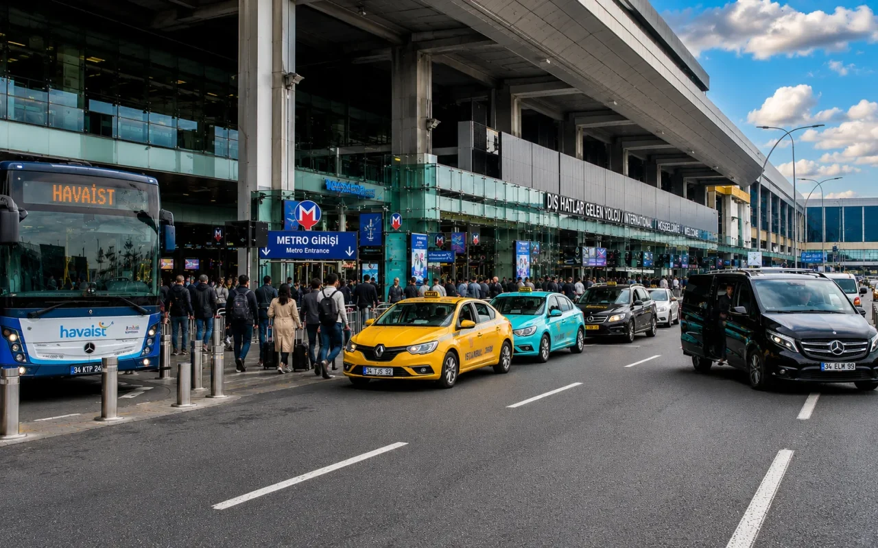İstanbul Havalimanı terminal çıkışında yan yana sıralanmış otobüs, metro, taksi ve özel transfer araçları