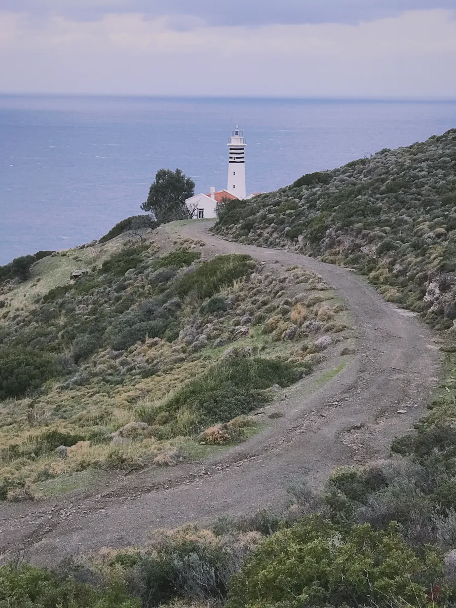 Deniz kenarında, tepelik bir arazide, beyaz çizgili bir deniz feneri ve ona doğru kıvrılan toprak bir yol.